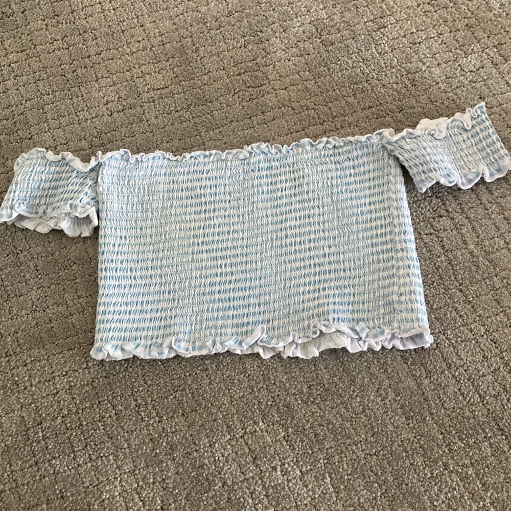 Blue and White Off-Shoulder Cropped Top